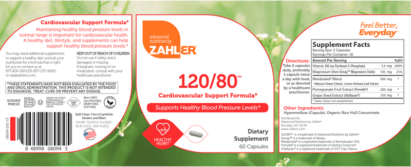 120/80 Blood Pressure (Advanced Nutrition by Zahler) Label
