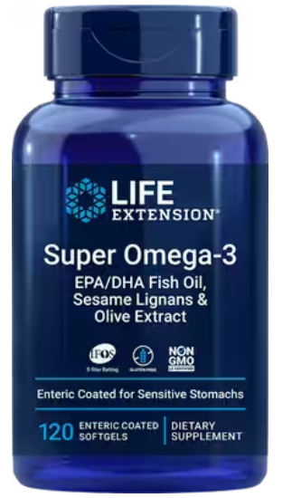 Super Omega-3 EPA/DHA Fish Oil, Sesame Lignans & Olive Extract enteric-coated softgels (Life Extension) 120ct front