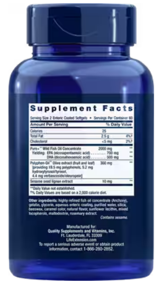 Super Omega-3 EPA/DHA Fish Oil, Sesame Lignans & Olive Extract enteric-coated softgels (Life Extension) 120ct back