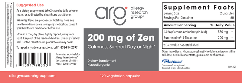 200 mg of zen 120 capsules allergy research group label