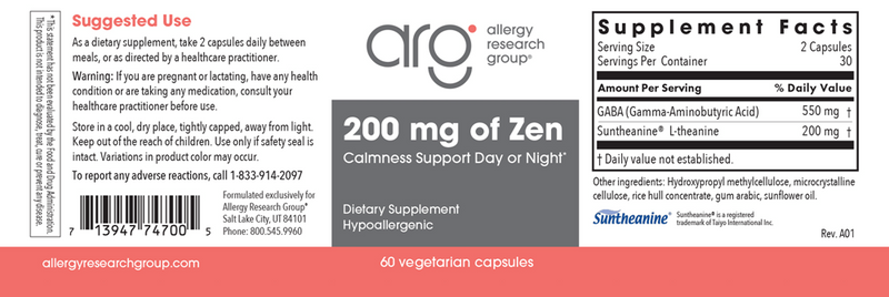 200 mg of zen 60 capsules allergy research group label