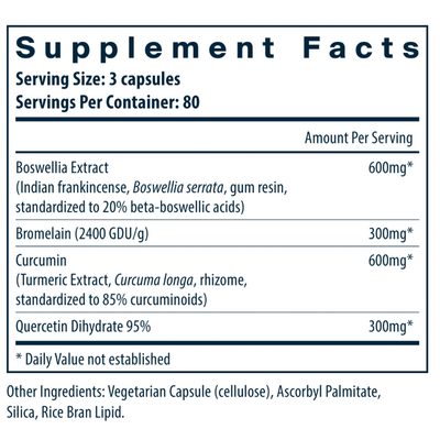 BCQ - Boswellia, Curcumin, and Quercetin Supplement Facts Label