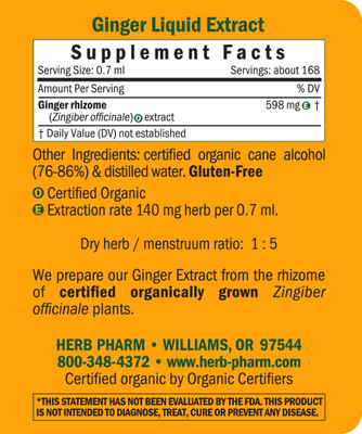 Ginger/Zingiber officinale 4oz Supplement Facts Label