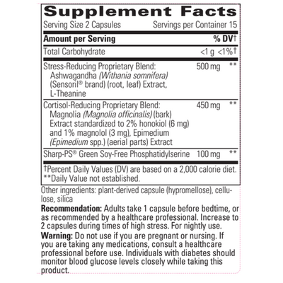 Cortisol Manager Allergen Free Supplement Facts Label