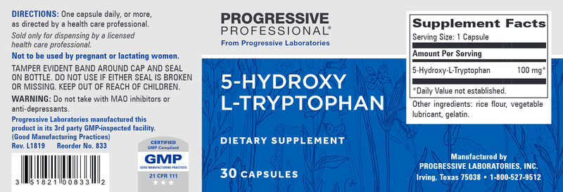 5-Hydroxy L-Tryptophan 100 mg (Progressive Labs) Label