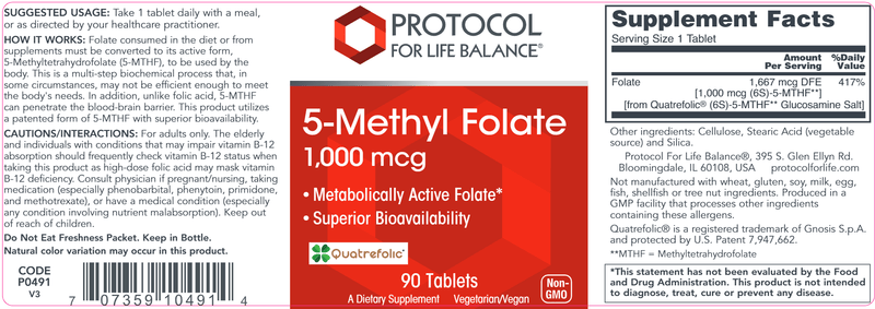 5-Methyl Folate 1000 mcg (Protocol for Life Balance) Label