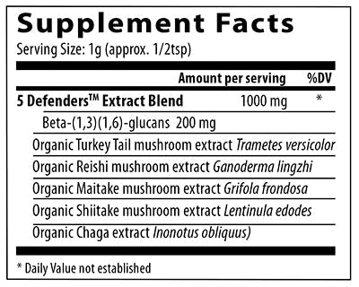 5 defenders mushroom extract blend powder (real mushrooms) supplement facts