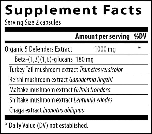 5 defenders mushroom extract capsules (real mushrooms) supplement facts