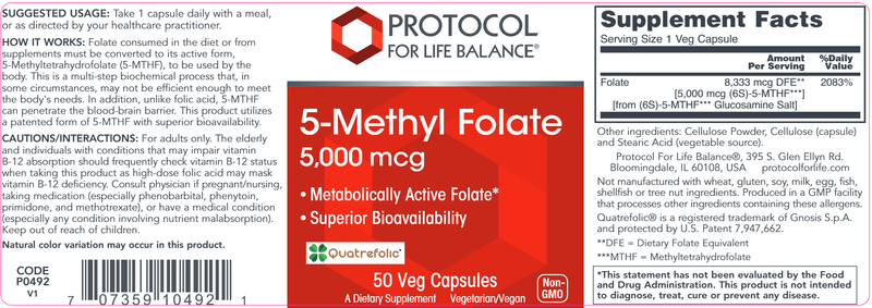 5 Methyl Folate 5,000 mcg (Protocol for Life Balance) Label