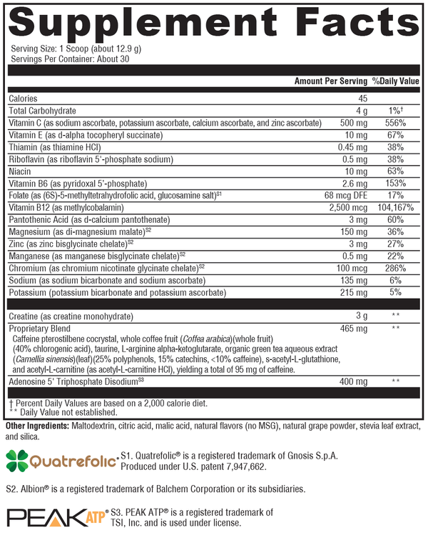 ATP Ignite™ Workout Mixed Berry Supplement Facts Label