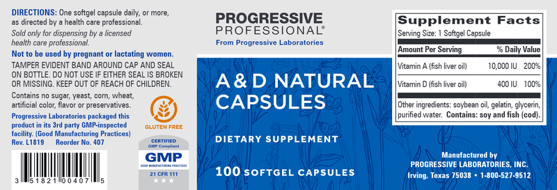 A & D Natural Capsules (Progressive Labs) Label