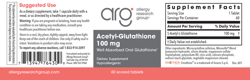 allergy to glutathione Acetyl-Glutathione 100 mg (Allergy Research Group)