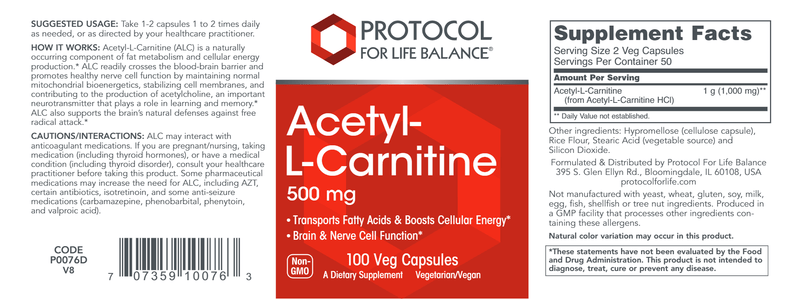 Acetyl-L-Carnitine 500 mg (Protocol for Life Balance) Label
