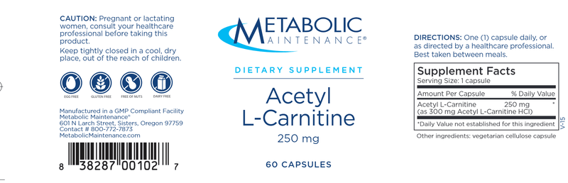 Acetyl L Carnitine 250 mg (Metabolic Maintenance) label