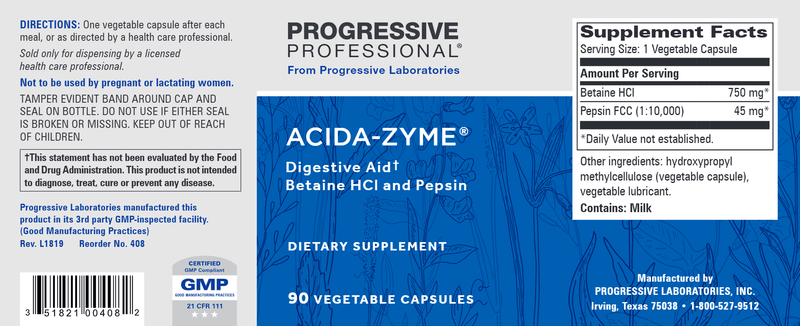 Acida-Zyme (Progressive Labs) 90ct Label
