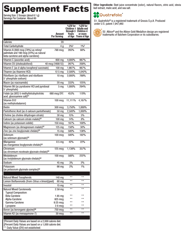 ActivNutrients® without Copper & Iron Multivitamin Powder Fruit Punch Supplement Facts Label