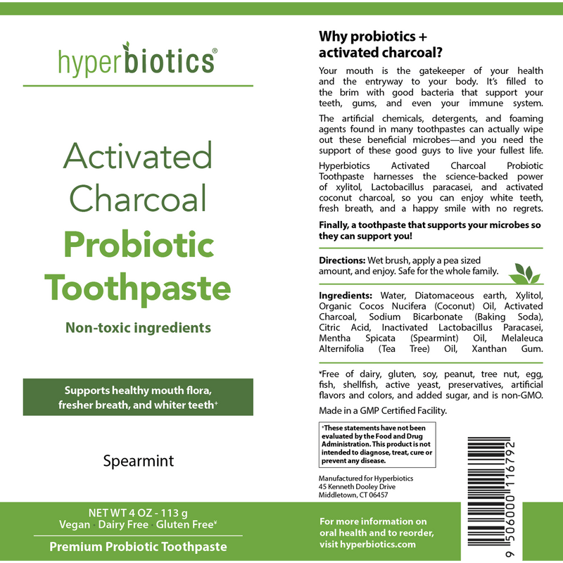 Activated Charcoal Probiotic Toothpaste (Hyperbiotics) label