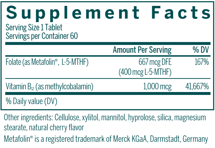 Active Chewable B12 + Methylfo supplement facts | Genestra