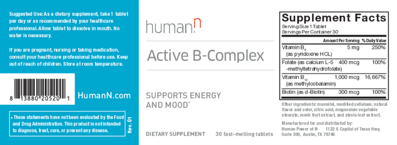 active b-complex 30 fast-melt tabs humann label