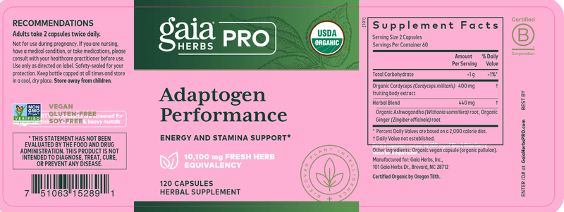 Adaptogen Performance (Gaia Herbs) label