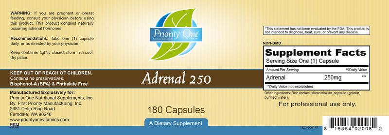 Adrenal 250 mg (Priority One Vitamins) 180ct label