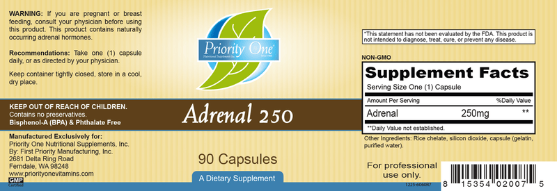 Adrenal 250 mg (Priority One Vitamins) 90ct label
