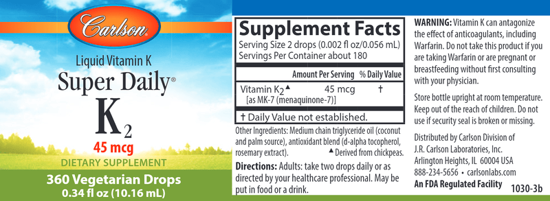 Adult Super Daily K2 (Carlson Labs) label
