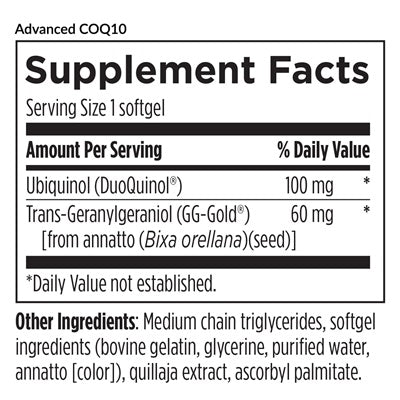 Advanced COQ10 Supplement Facts Label