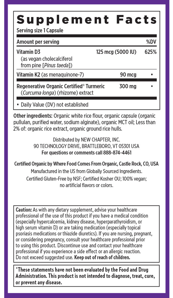 Advanced D3 & K2 + Turmeric Supplement Facts Label