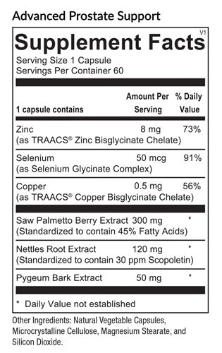 Advanced Prostate Support Supplement Facts Label