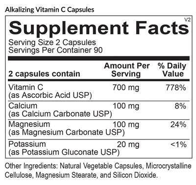 Alkalizing Vitamin C Capsules Supplement Facts Label