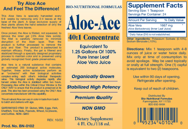 aloe-ace bio-nutritional formulas label