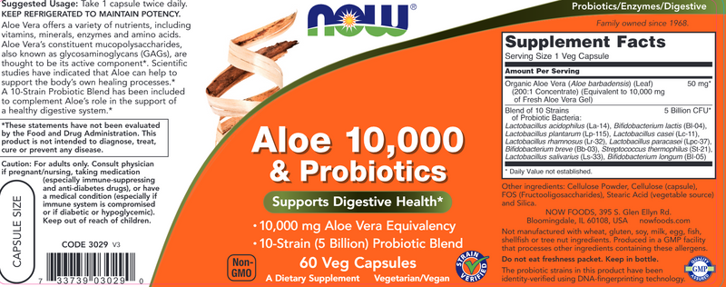 Aloe 10,000 & Probiotics (NOW) Label