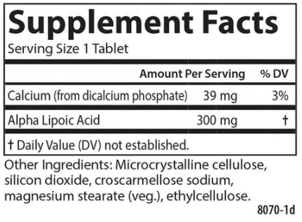 Alpha Lipoic Acid 300 mg Supplement Facts Label