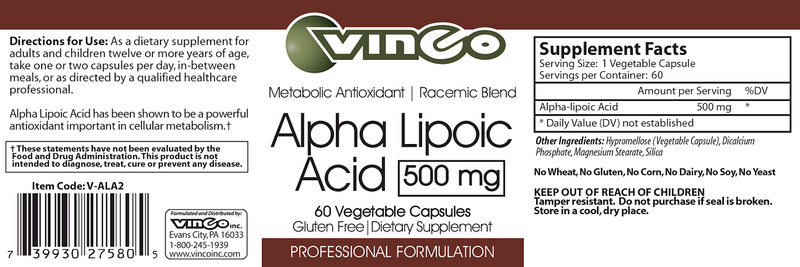 Alpha Lipoic Acid 500 mg Vinco label