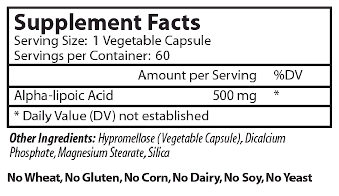 Alpha Lipoic Acid 500 mg Vinco supplement facts