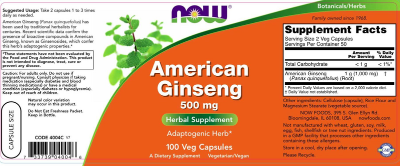American Ginseng 500 mg (NOW) Label
