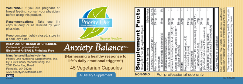 Anxiety Balance (Priority One Vitamins) Label