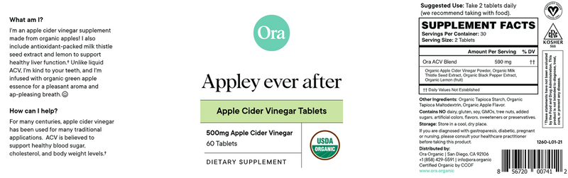 Appley Ever After: Organic Apple Cider Vinegar Tablets (Ora Organic) Label