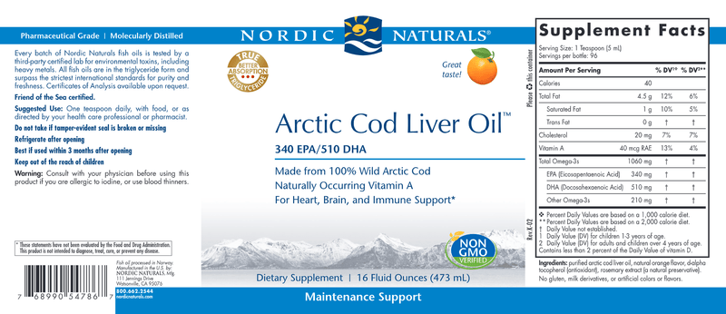 Arctic Cod Liver Oil 16 Fluid Ounces Orange (Nordic Naturals) Label