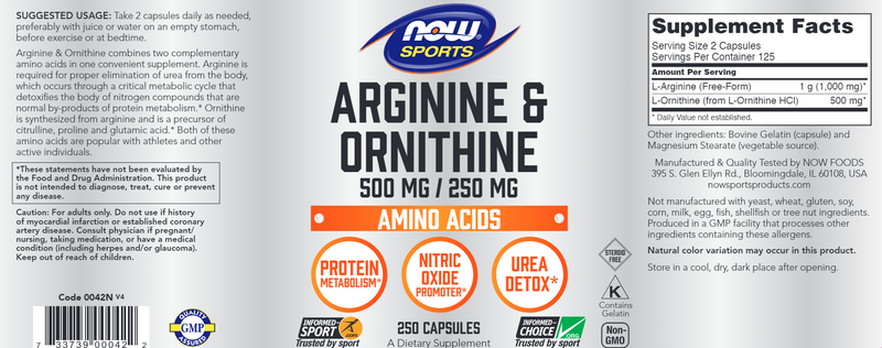 Arginine & Ornithine 500 mg/250 mg (NOW) Label