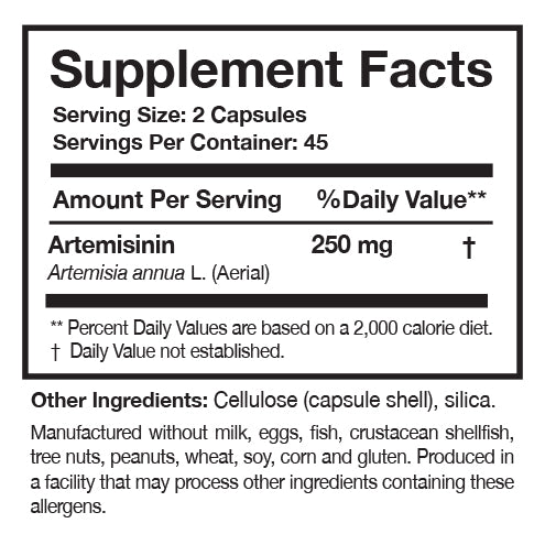 Artemisinin Solo Supplement Facts Label