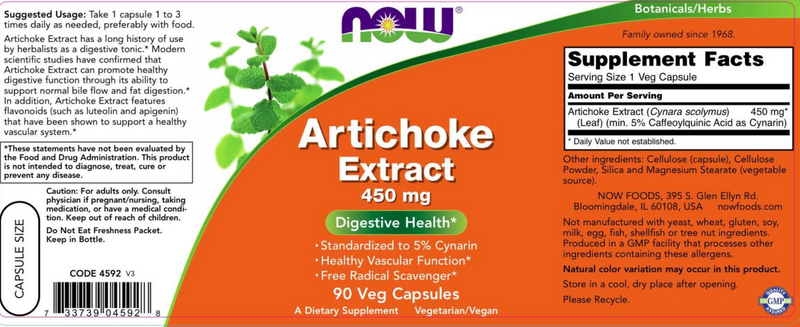 Artichoke Extract 450 mg (NOW) Label