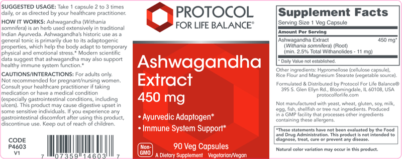 Ashwaganda Extract 450 mg (Protocol for Life Balance) Label