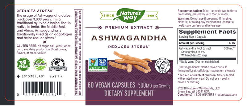 Ashwagandha 60 Veg Capsules (Nature's Way) Label