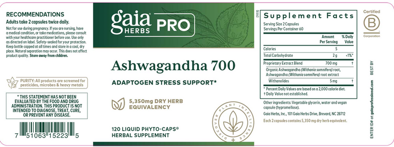 Ashwagandha 700 (Gaia Herbs Professional Solutions) Label