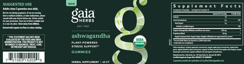 Ashwagandha Gummies 45ct Gaia Herbs label