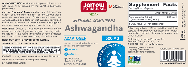 Ashwagandha Jarrow Formulas label