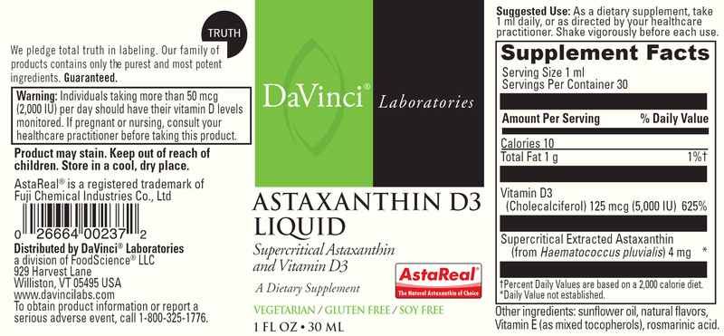 Astaxanthin D3 Liquid (DaVinci Labs) label