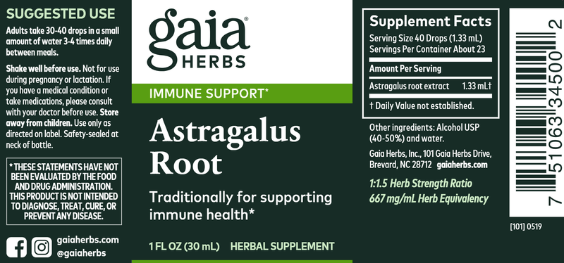 Astragalus Root 1oz (Gaia Herbs) label